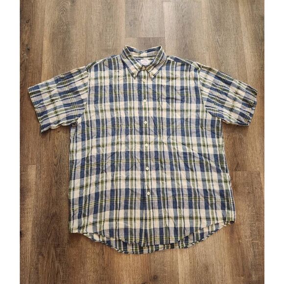 Brooks Brothers 100% Irish Linen plaid blue/green pocket shirt mens XL button up - Picture 1 of 7